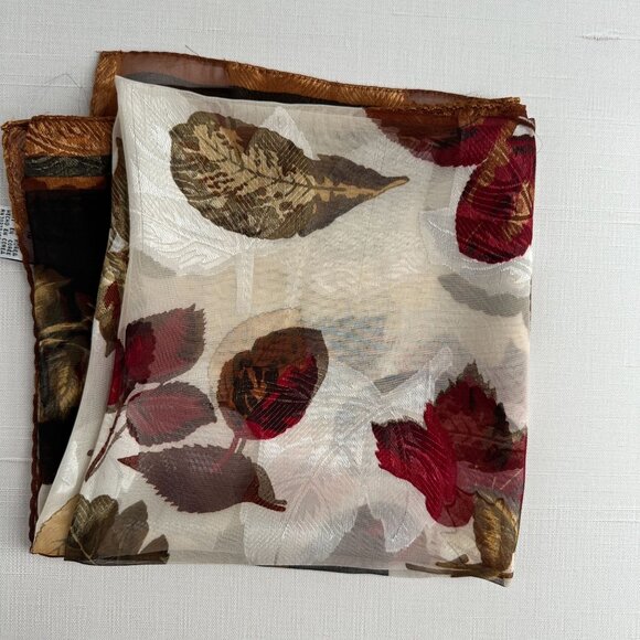 Vintage Liz Claiborne Scarf, 33 x 33 Autumn Leaf Print Square, Sheer Polyester - Picture 2 of 9